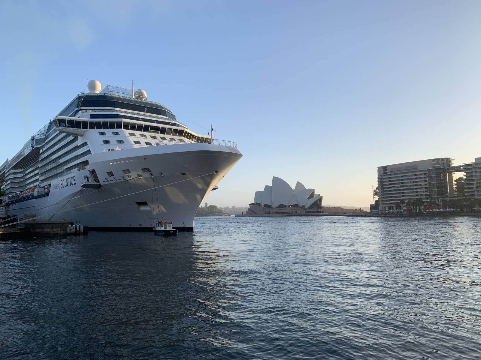 cruise ship docked in port with sydney opera house in the background