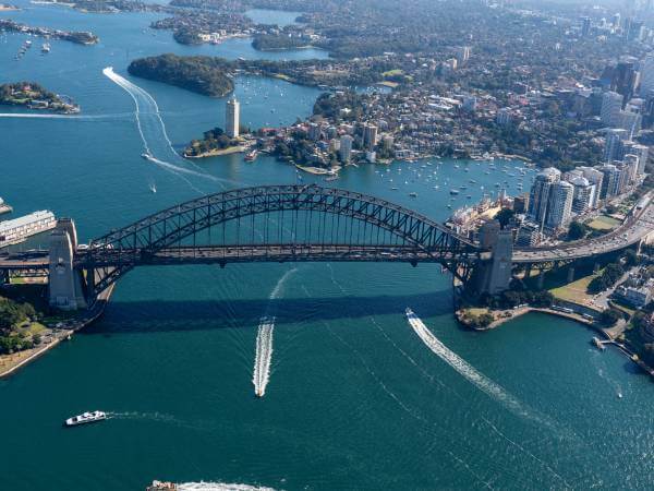 aerial view of a bridge with ferries