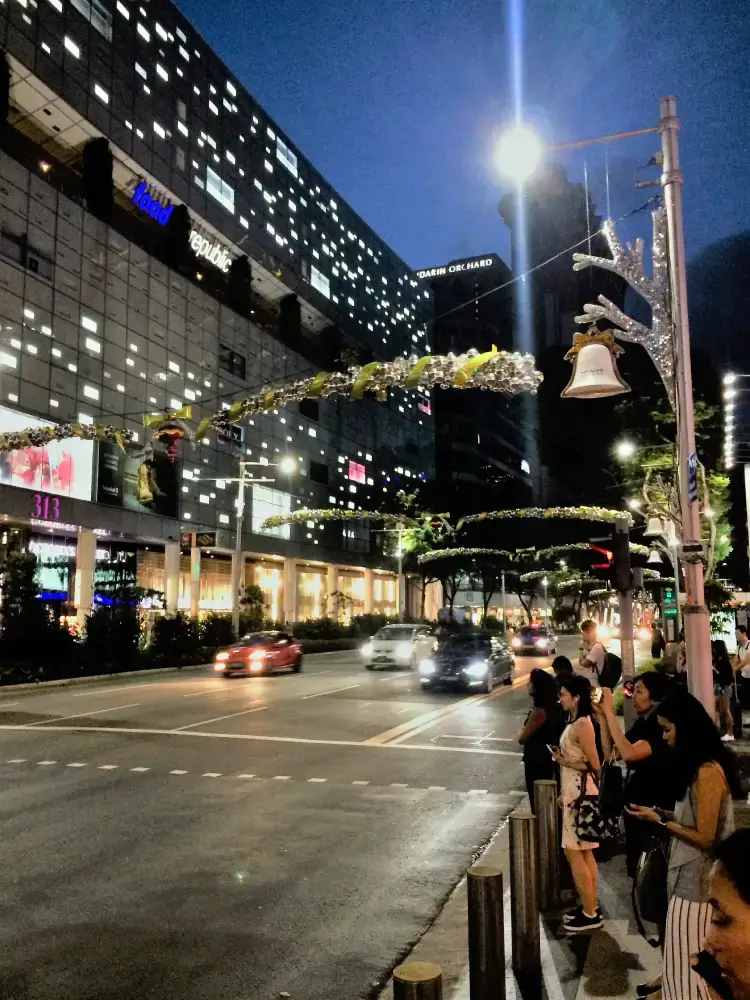 people waiting to cross orchard road singapore. The street is lined with shops